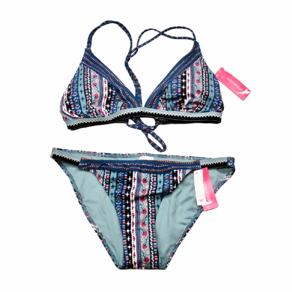 Women Xhilaration Swimwear Halter Bikini XL Bottom, DD/D & L Tops, Tribal Blue